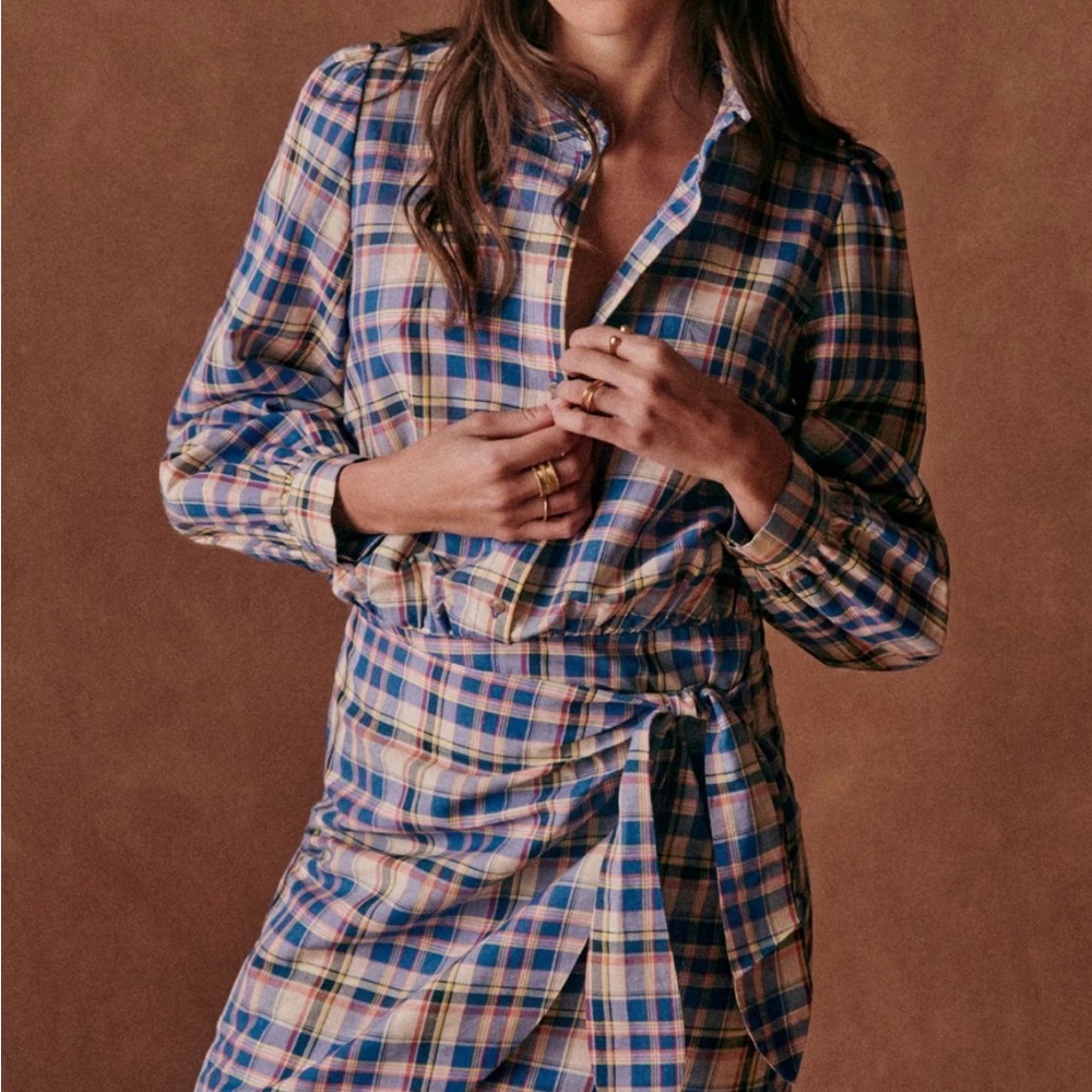 Sezane Blue and Pink Plaid Cotton Sleep Shirt & Wrap Skirt Set